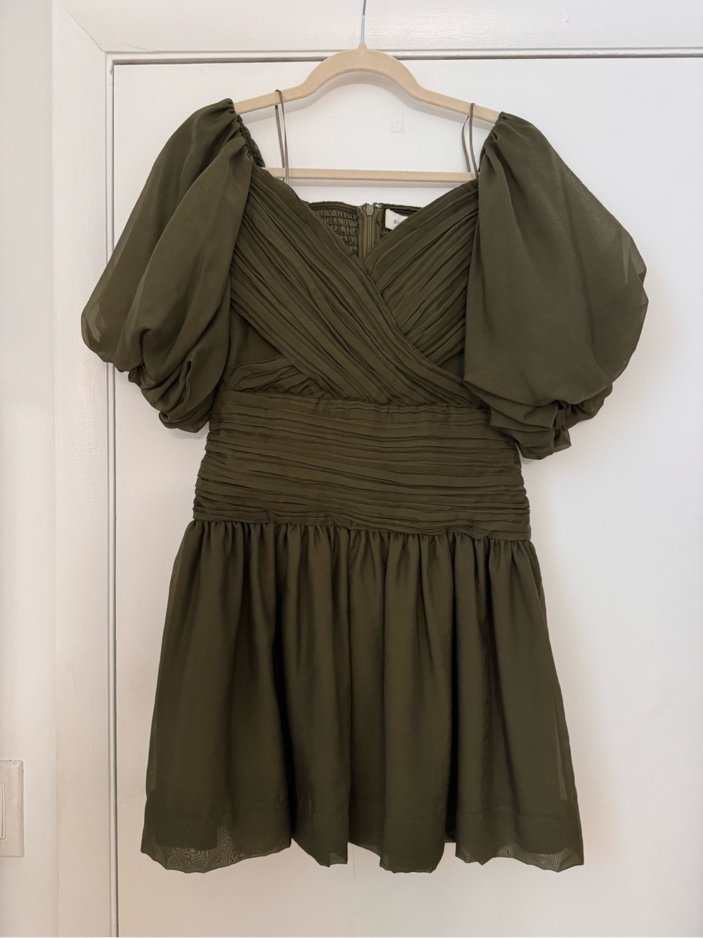 NWT Puff-Sleeve Olive Green Mini Dress, S